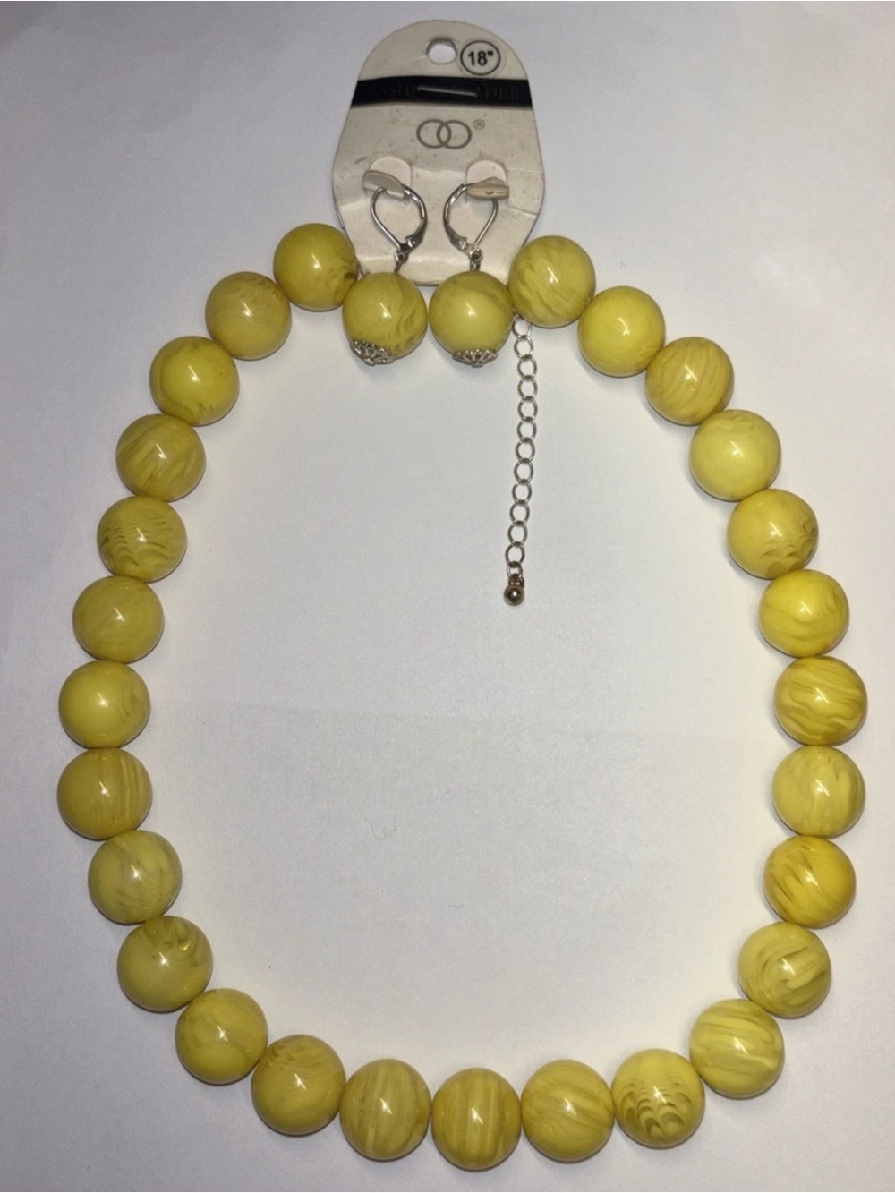 Vintage Large Round Acrylic Lemon Yellow Bead Necklace & Earring Set 18”